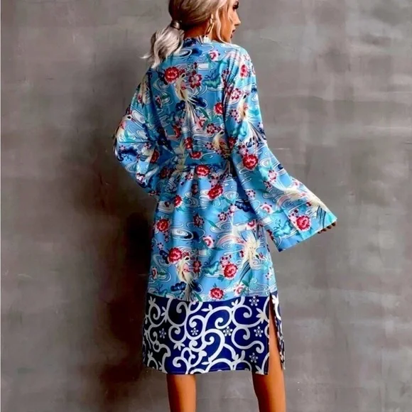 ZARA Floral Bird Tropical Belted Silky Kimono Shirt Dress/Kaftan Size XL NEW